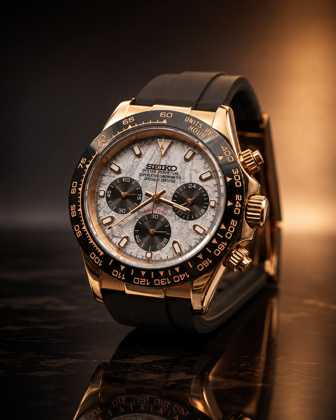 Daytona Mod – Rose Gold Meteorite Dial Rubber Strap