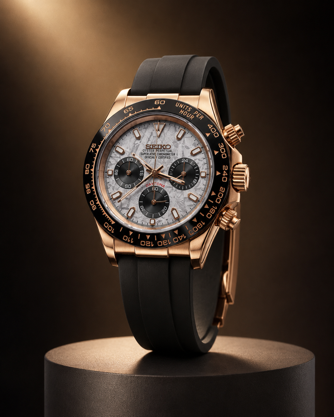 Daytona Mod – Rose Gold Meteorite Dial Rubber Strap