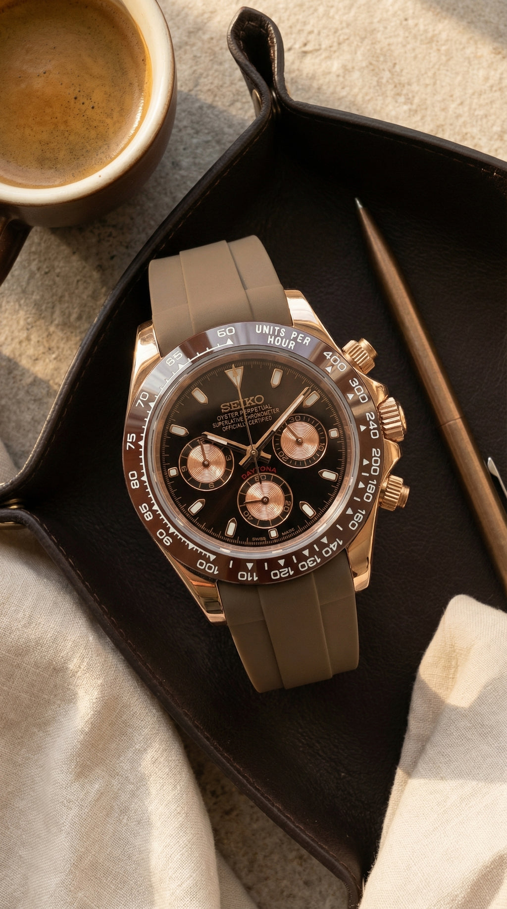 Rose Gold Chocolate Daytona VK63 Rubber Strap