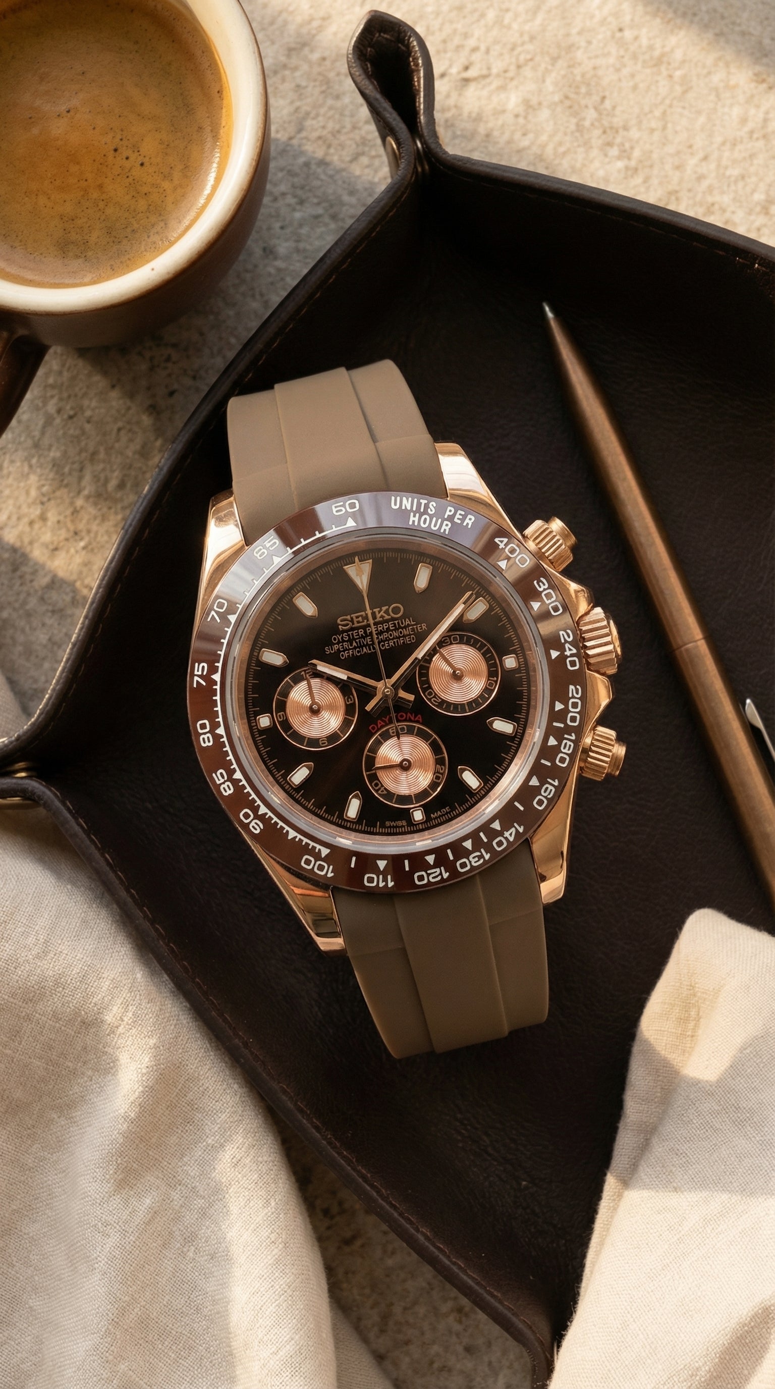 Rose Gold Chocolate Daytona VK63 Rubber Strap